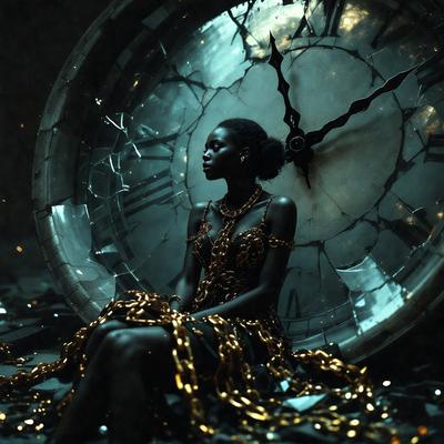 The primary subject of the image is a woman sitting in front of a large clock. The setting is a dark room, and the visual style appears to be a combination of a photo and digital art. The woman is wearing a gold dress, and the clock has a broken face, adding a sense of mystery to the scene. The overall atmosphere is mysterious and intriguing.